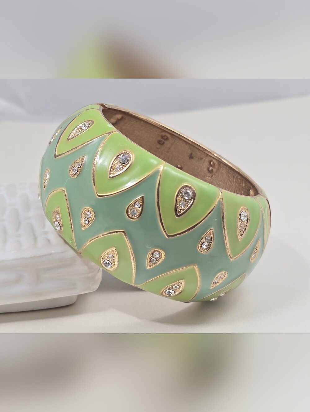 Green Enamel Teardrop Crystal Hinged Bangle Bracelet